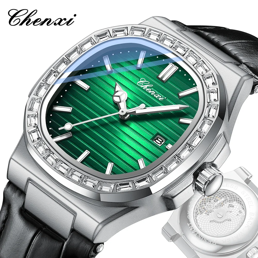 CHENXI-Reloj de pulsera de cuarzo con diamantes para hombre, cronógrafo de lujo de alta gama con correa de cuero, a la moda, 0022, nuevo, 2024