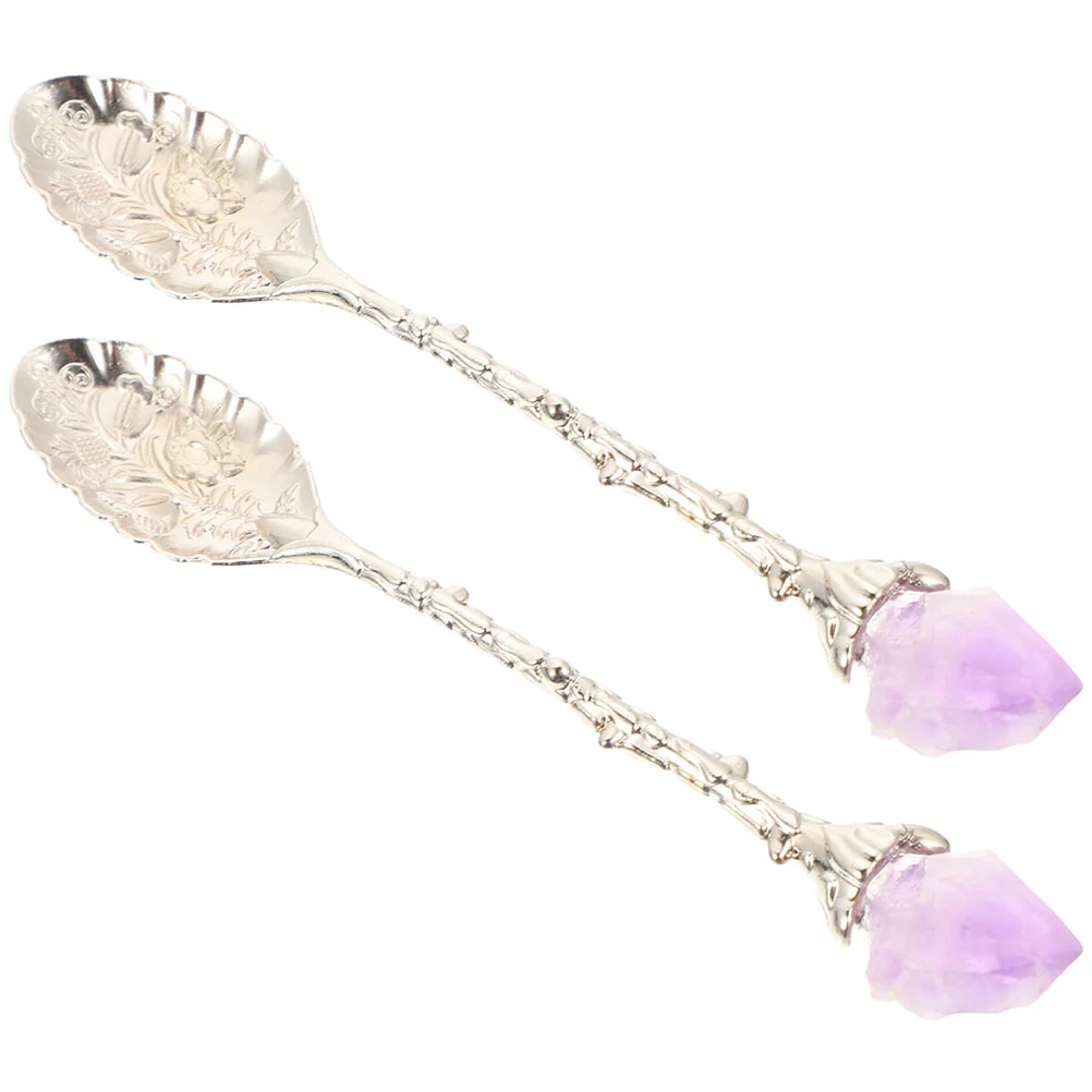 2 Pcs Small Soup Spoon Amethyst Teaspoons Tiny for Spices Concentrate Natural Stone Metal Coffee