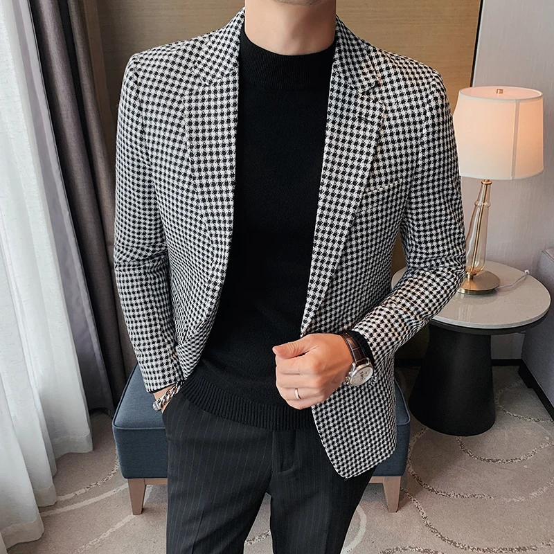 British Style Slim Fit Houndstooth Blazer Men 2022 Fashion  Business Office Wedding Dress Suit Jacket High Quality Male Blazers