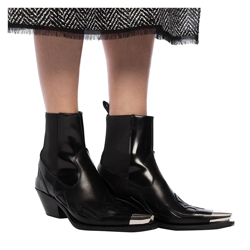 Arden Furtado Women's Cowhide Chelsea Boots Square Toe Rivet Detail Mixed Colors Retro Black Chunky Heel Short Slip-On Booties