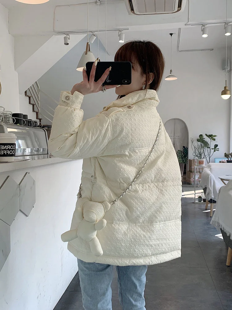 

Lapel Splicing Puffer Jacket Women White Duck Down Coat New Fashion Waist Retractable Snow Warm Outwear