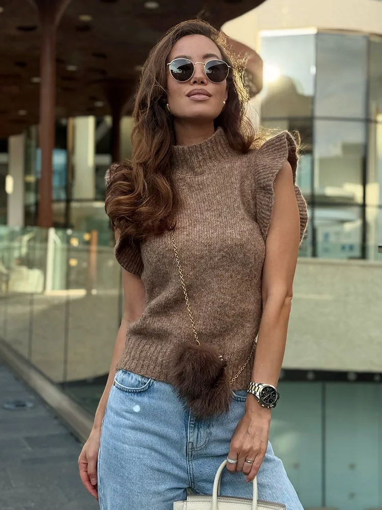 

HH женский 2025 новый модный простой универсальный шерстяной многослойный декоративный топ женский тонкий вязаный топ без рукавов с воротником-стойкой