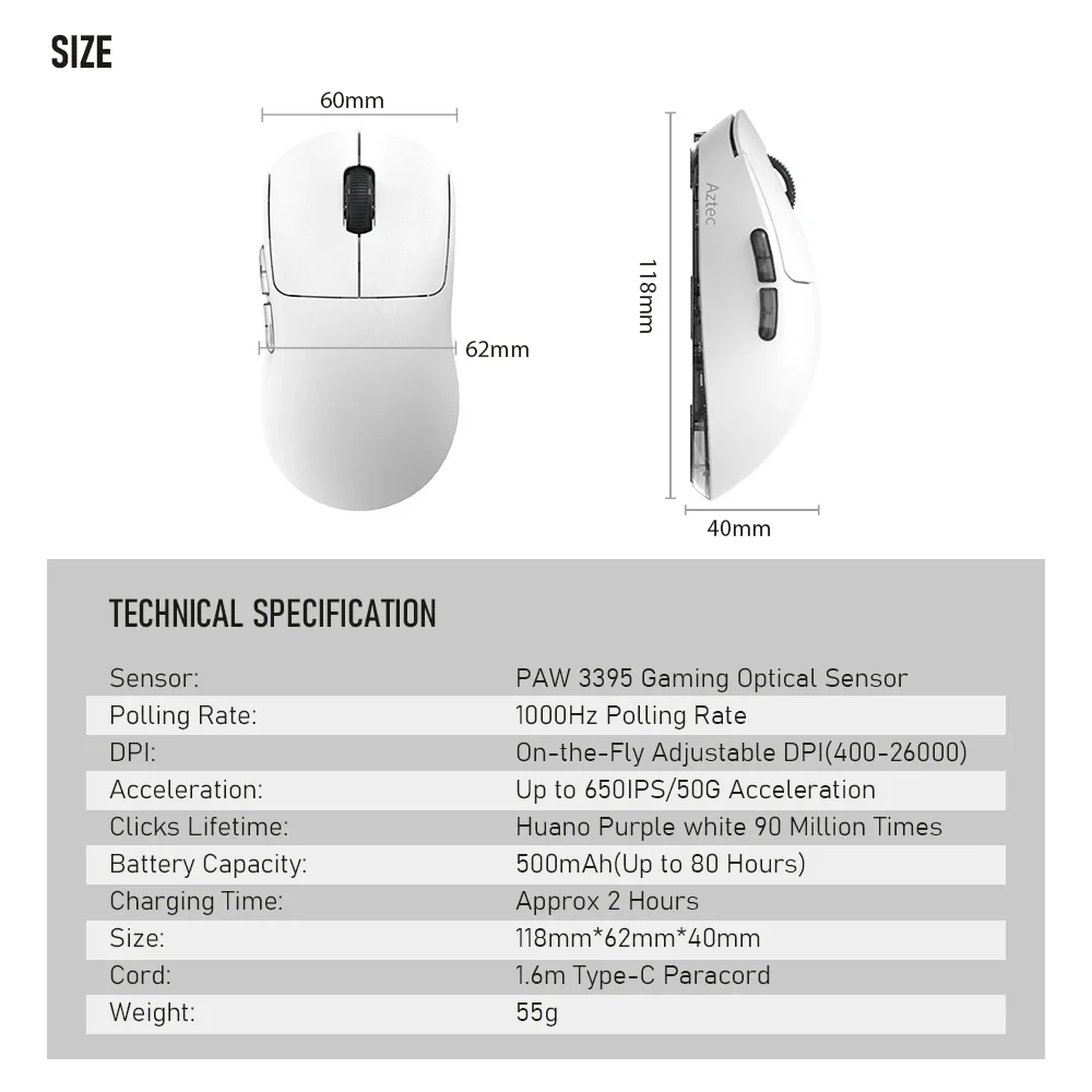 Kysona-Aztec White PAW3395 Wireless Gaming Mouse, Ultra-Light, 6 Buttons, 90 Million Optical Computer Mice for Laptop, PC, 55g