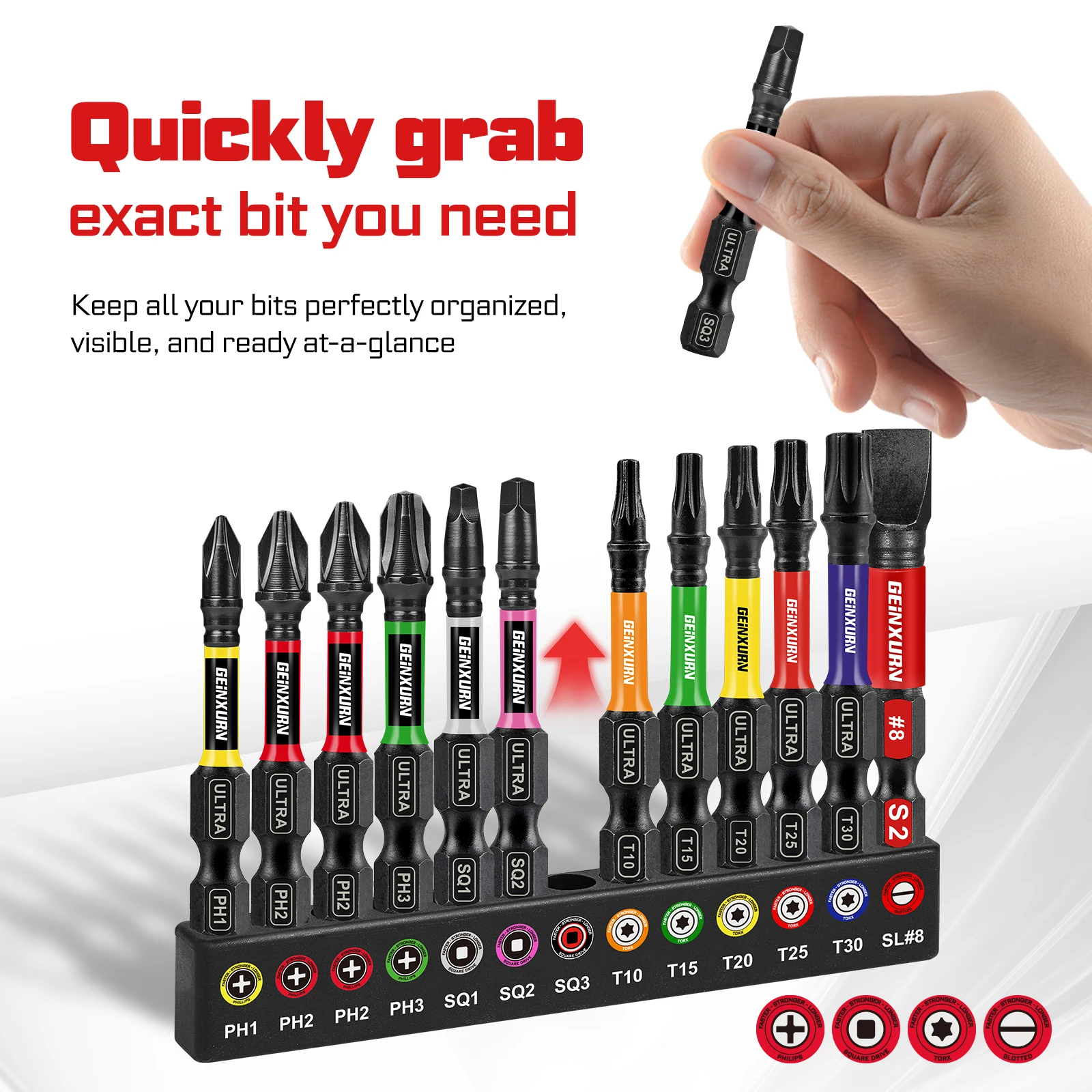 مجموعة لقم مفك براغي Geinxurn مكونة من 27 قطعة من تأثير فيليبس/مربع/مشقوق، مجموعة لقم فولاذية S2 مغناطيسية مع قاعدة مشفرة ملونة