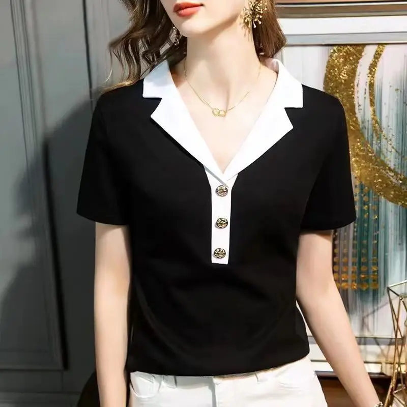 French Women Elegant Office Lady T-shirt Summe Fashion Short Sleeve Slim Pullover Tees Female Clothes Solid Chic All-match Tops