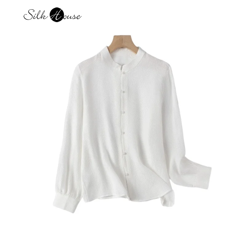 

2025 Women's Spring and Autumn New 100% Natural Mulberry Silk GuanLe Crepe White Stand Up Collar Simple Long Sleeve Shirt