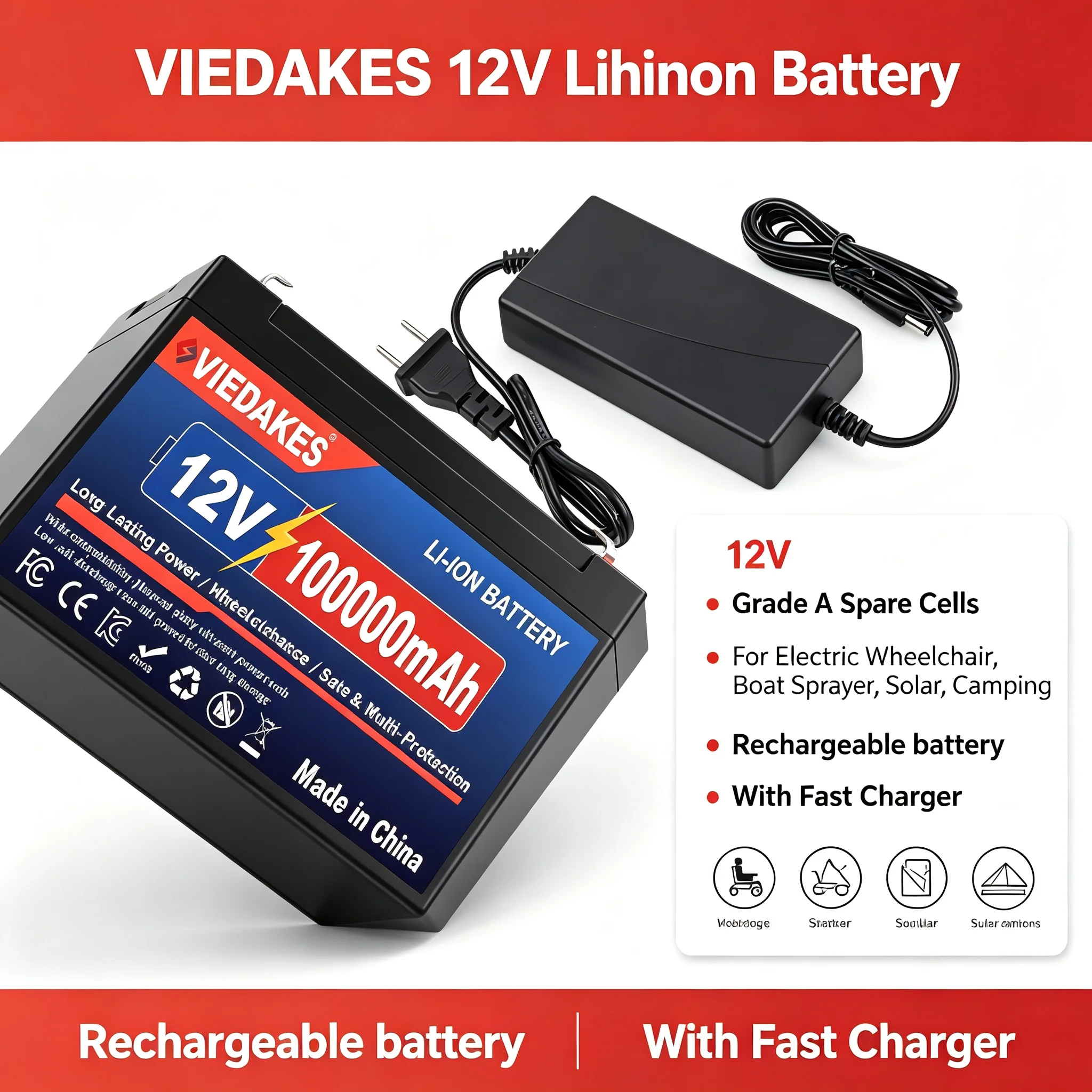 NEW 12V 100AH 12V 100000mAH Battery Pack Free Charger 12V Lithium Battery Built-In 300A BMS 6000+ Cycle Foat Fast Delivery