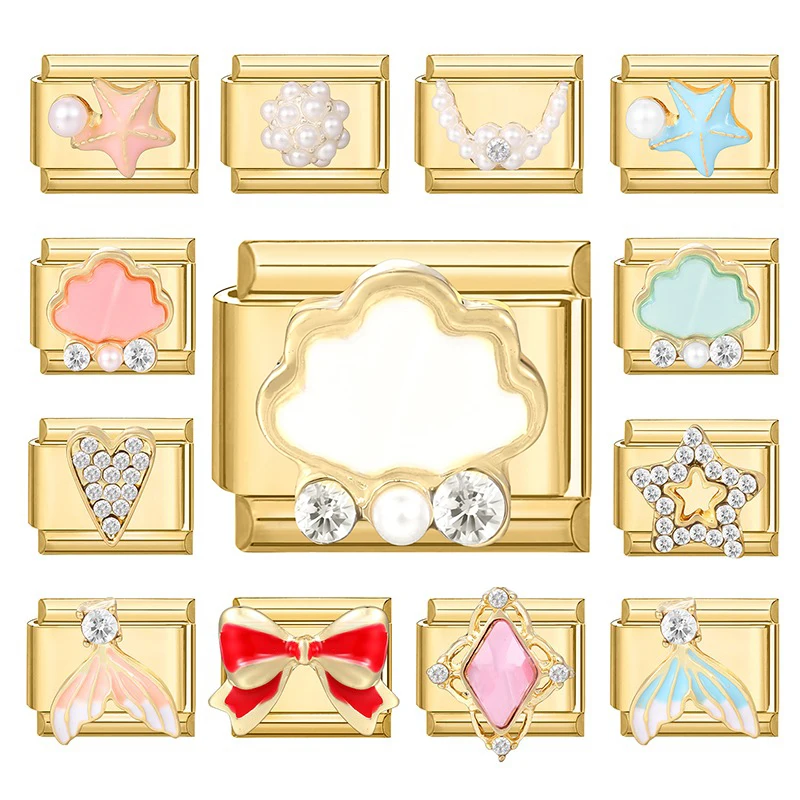 New Y2K 3D Cherry Cloud Bow Fishtail Star Gold Color Italian Charm Links Fit 9mm Stainless Steel Bracelet Women DIY Making Gifts