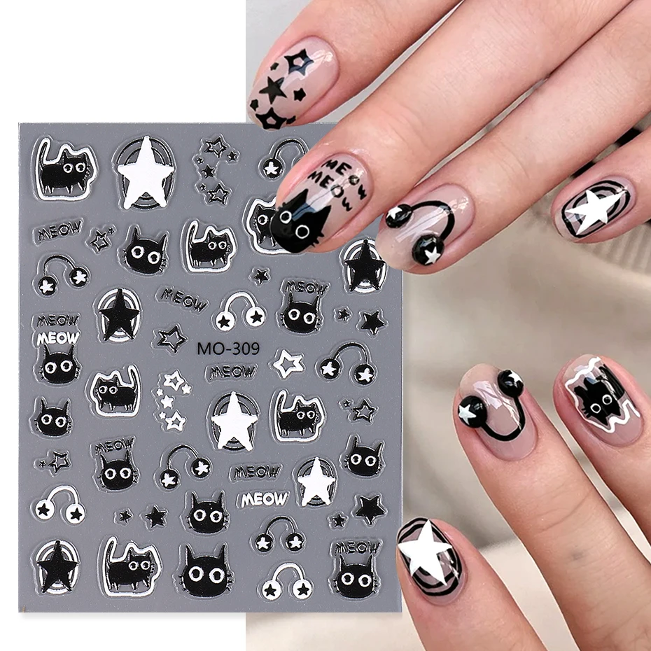 Etiqueta adorável do prego do gato preto da música, animal bonito dos desenhos animados, arco da estrela, peixe design, kawaii, deslizante adesivo, estilo japonês, decalque de manicure