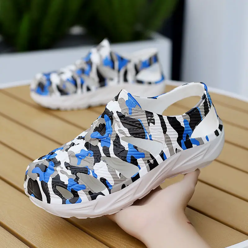 40-45 Men Sandals Summer Beach Shoes Mules Clogs Hollow Out Print Flip Flops Male Soft Sole Non-slip Breathable Outdoor Footwear