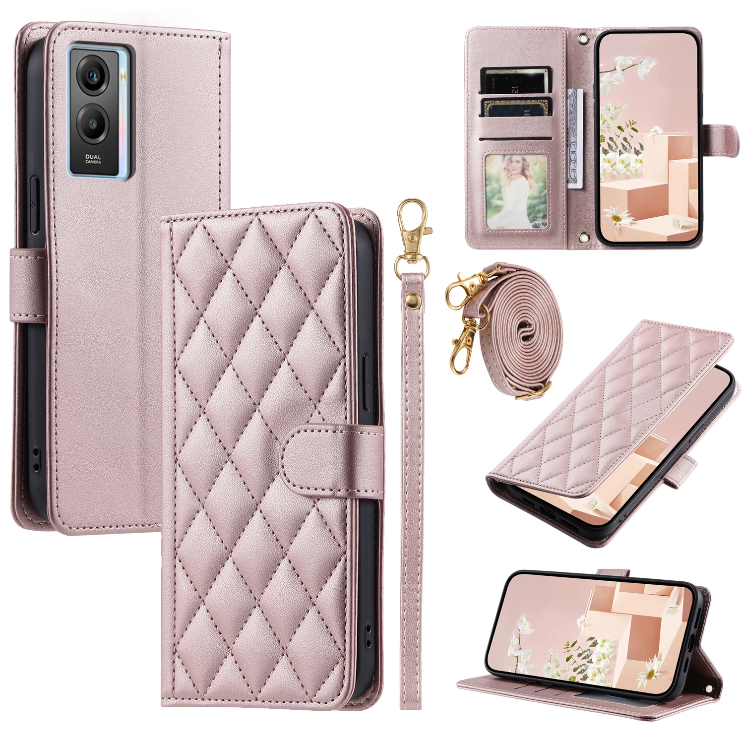 For VIVO T1 5G / Y33S 5G / Y30 5G / Y33E 5G Phone Case Crossbody Back Long Lanyard Silicone Protective Case Flip Leather Case