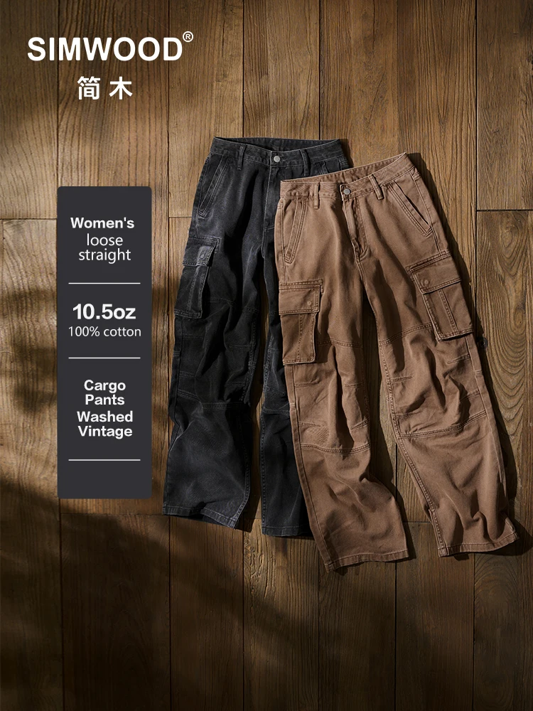 SIMWOOD【Women's 】2024 Autumn New Washed Vintage Cargo Pants 10.5oz Outdoor Trousers