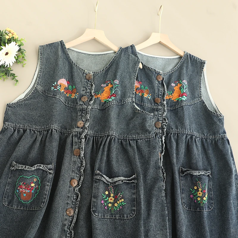 Robe mi-longue en coton et Denim pour femmes, Vintage japonais, Mori Girl, broderie de fleurs, col rond, sans manches, simple boutonnage, nouvelle collection printemps
