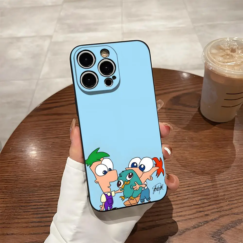 Capa de telefone dos desenhos animados p-pines e f-erb para iphone 17 ari 16 e pro max 15 14 13 mini 12 pro 11 max plus preto casca macia