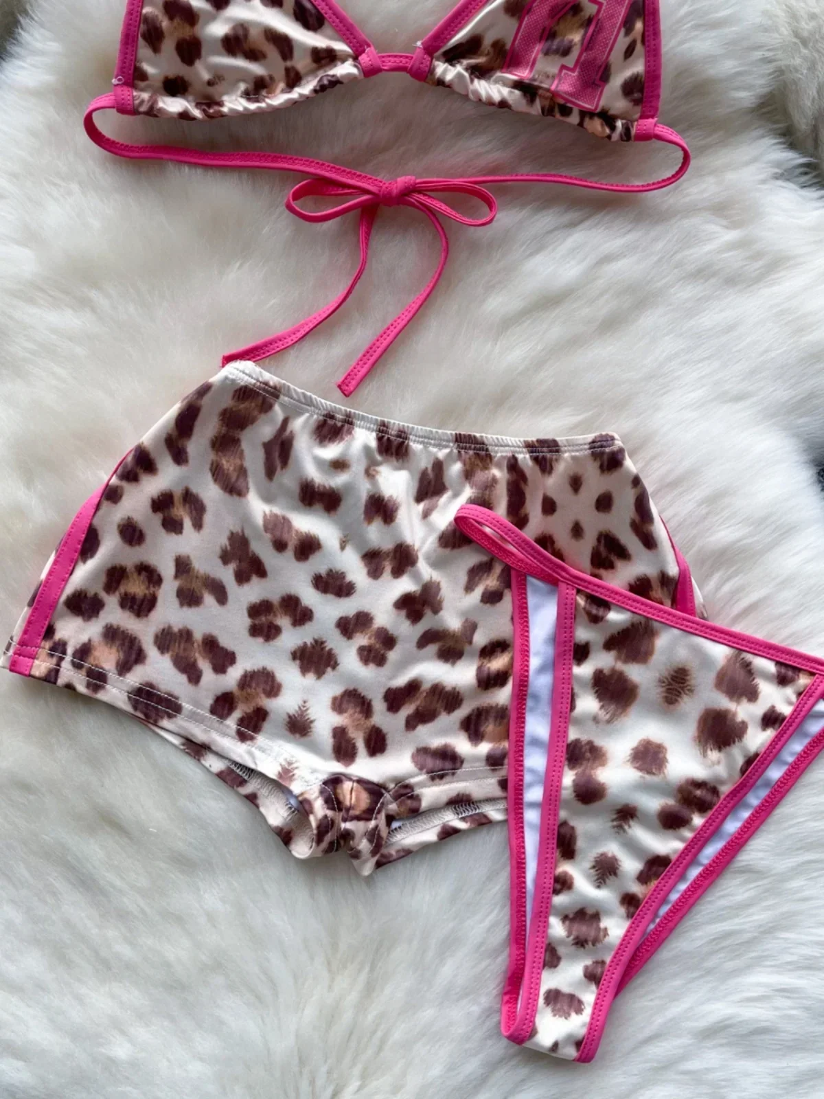 American Pure Desire Hottie Strap Leopard Print Bikini Uniform Three-piece Suit Women's Summer Tube Top + Shorts