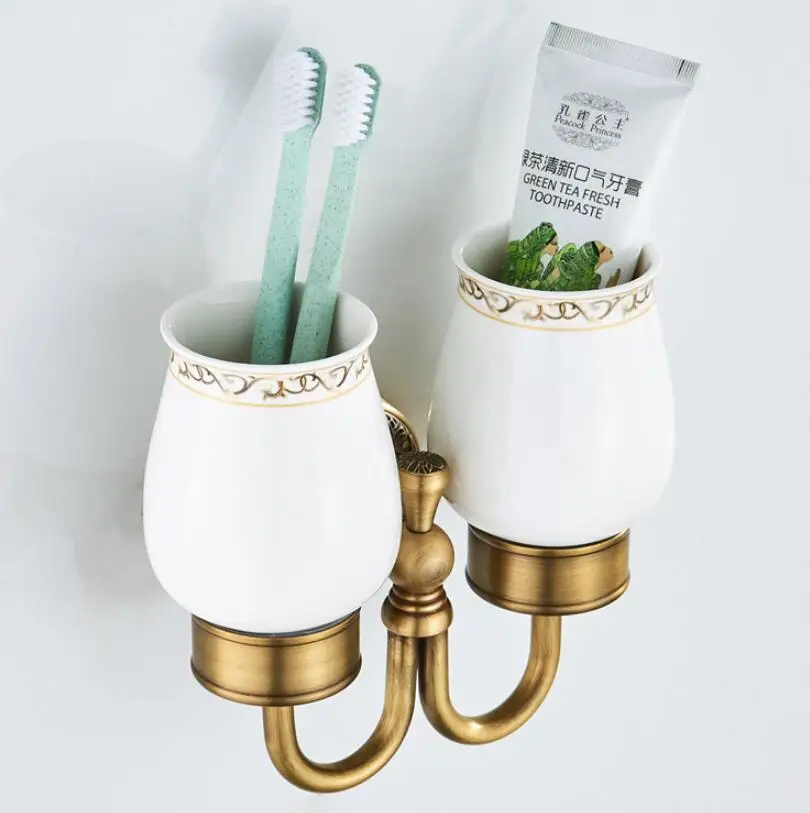 Wall-mounted toothbrush holder with ceramic cups for bathroom, home use, double cup set for couples, antique-style sink cup