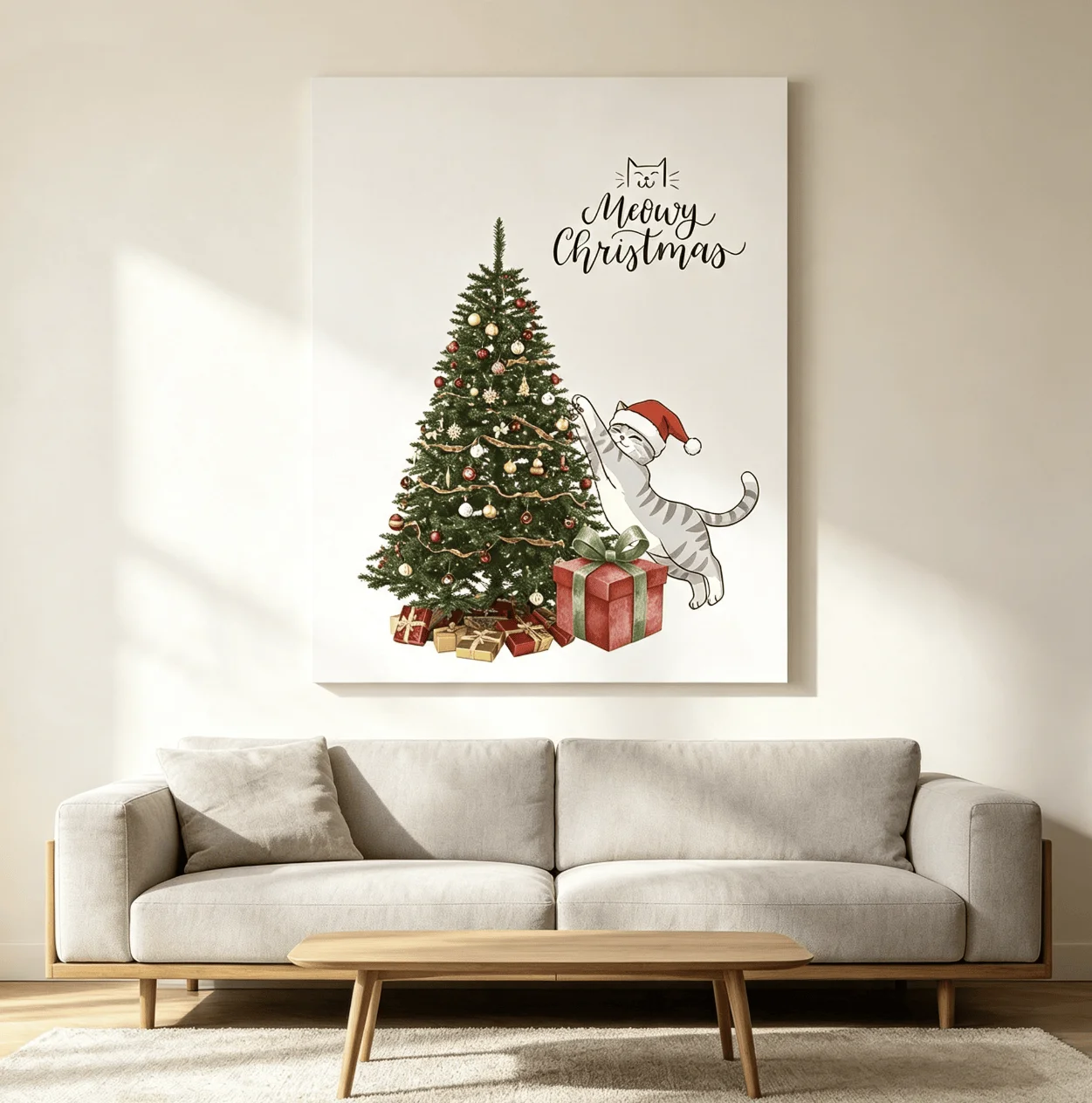 Meowy Christmas Santa Hat Tabby Cat & Xmas Tree Wall Art Canvas Prints Posters, Cute Kitty Art, Holiday Living Room Home Decor