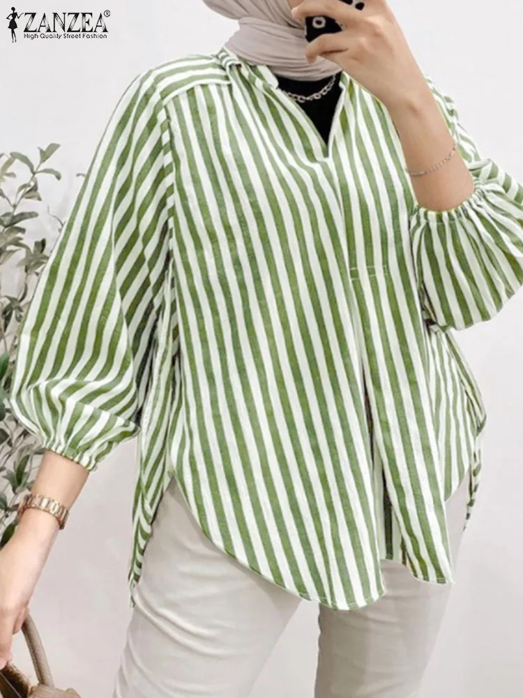 Fashion Muslim Blouse ZANZEA Women Vintage Long Sleeve Stripe Blouse V Neck Shirt Casual Tops Islamic Clothing Work Blusas Femme