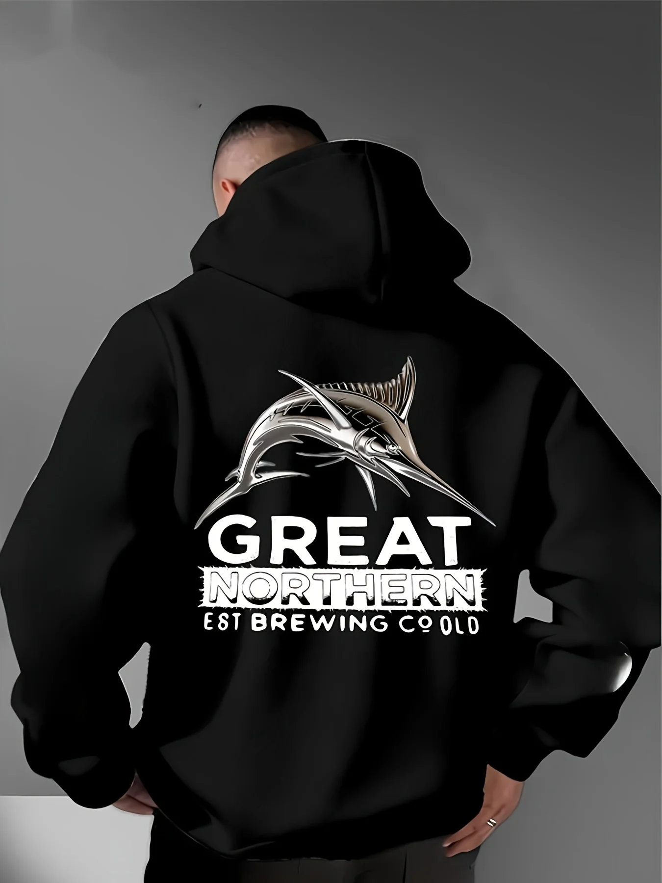 Outdoor Fishing Marlin Print Hoodie Men Hip Hop Sport Streetwear Sleeve Letter Graphic Loose Fit Casual Hooded Sweatshirt