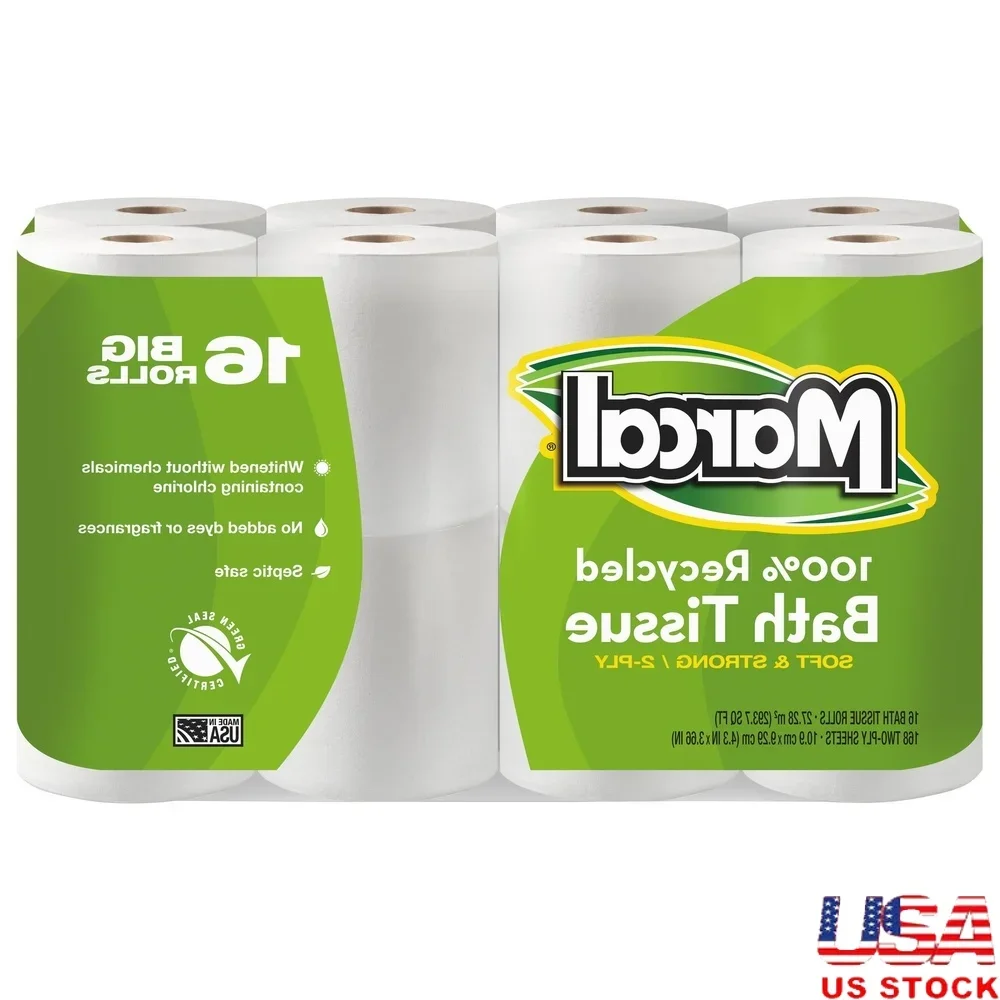 

100% Recycled Toilet Paper 16 Big Rolls Septic Safe 2 Ply Soft Absorbent Chemical Free Dye Free Green Seal Certified Restroom