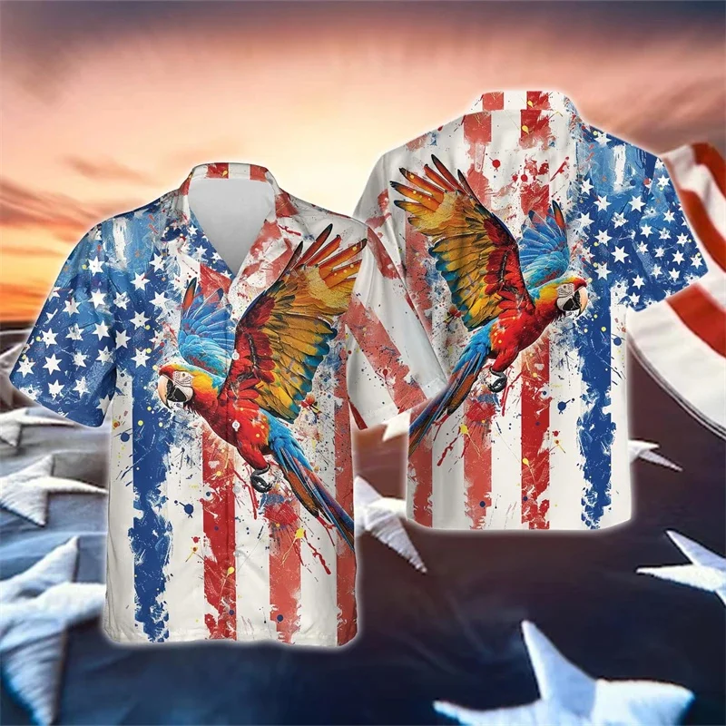 

American Flag Pattern Hawaiian Shirt For Men Animal Stars 3D Printed Blouse Summer Short Sleeve Women Lapel Tops Aloha Shirts