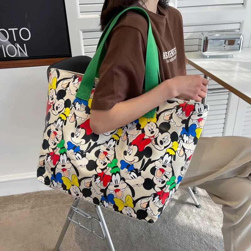 Cartoon Mickey And Minnie Printing Canvas Handbags New High Capacity One Shoulder Shopping Bags Women Cute Simple Casual Totes