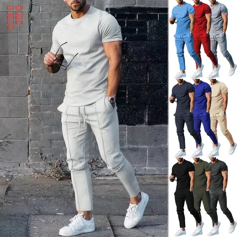 

Men's Casual Sportswear Set Summer Pure Color round Ne ort Sve T-irt Long Pants Two-Piece Suit Comfortable Cotton Blend