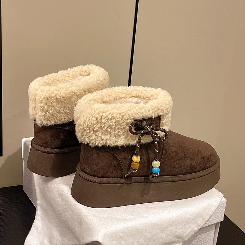 Kids' Snow Boots Solid Color Plush PU Leather Fashion Winter Shoes For Girls Anti-slip Warm Thick Bottom Black Khaki Size 36-40