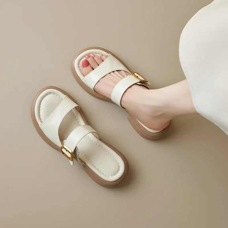 2026 New Summer Women Sandals Split Cowhide Leather Retro Round Toe Mules Buckle Decor Casual Slides Plus Size 34-42 White Brown