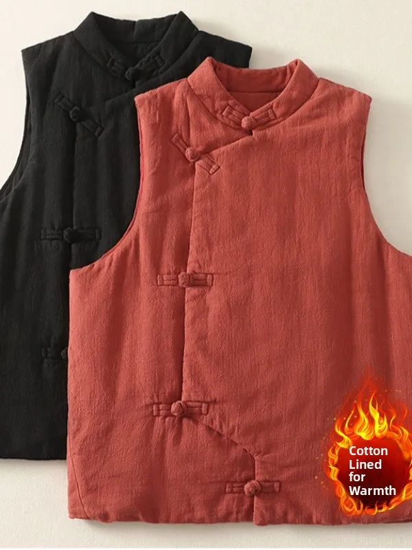 

Thickened Cotton Warmth Vest Large Size Women's Chinese Style Jacket Stand Collar Button Retro Thickened Warmth Vest Coat