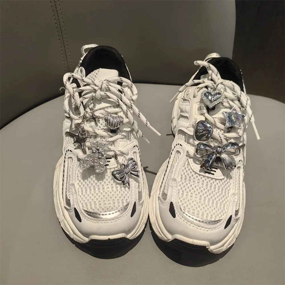 Fahison Silver Love Diamond Bow Shoe Laces Buckle Flower Decorative Sports Shoelaces 1 PC with Charms Accessory