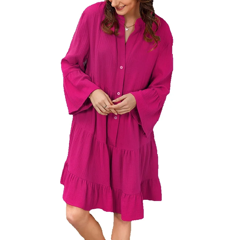 

Новая Однотонная юбка-рубашка ранней осени, женское тонкое повседневное простое Плиссированное свободное платье, закрывающее мясо, для женщин