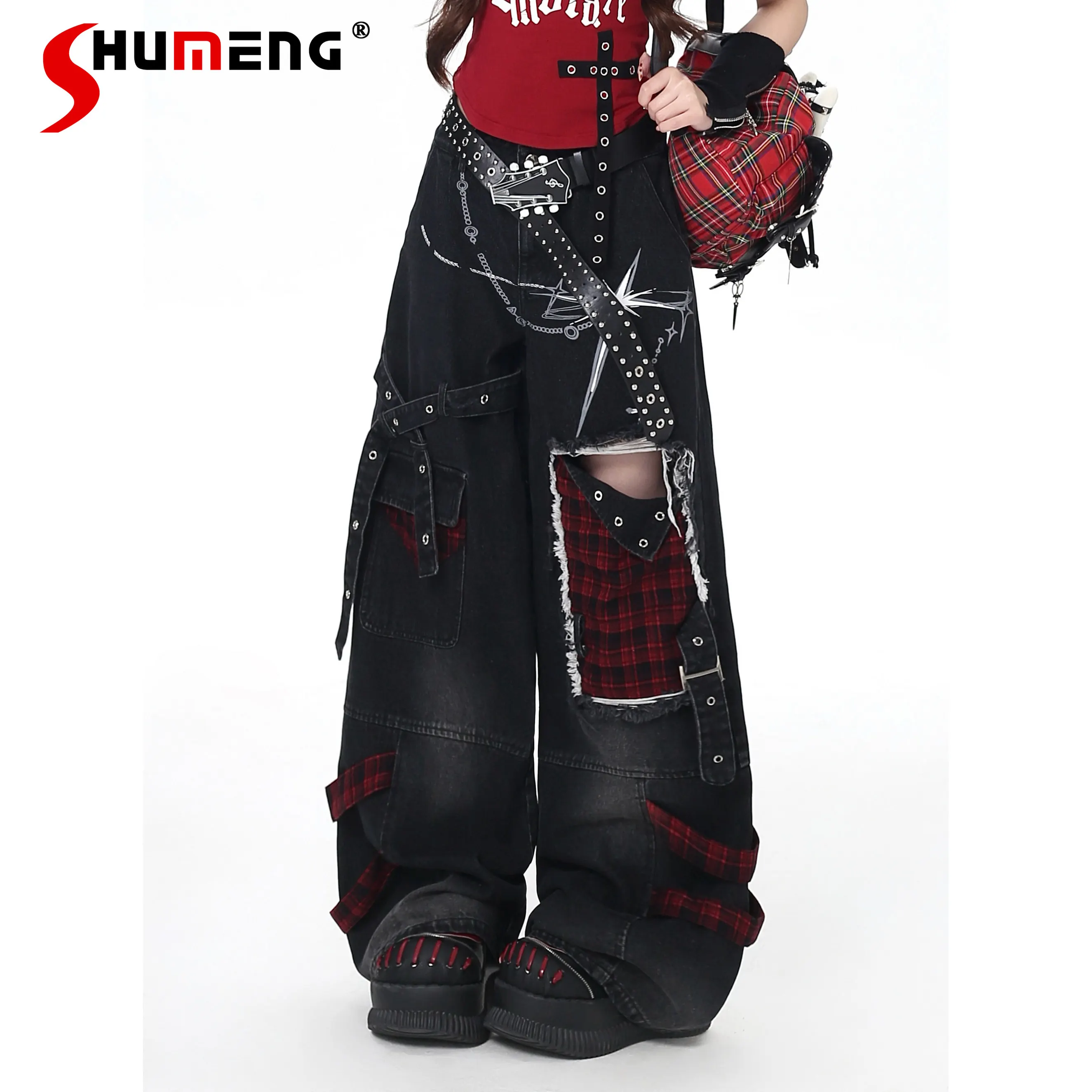

Women's Jeans Spring Summer 2026 Y2K Subculture Ripped Plaid Patchwork Fashion Denim Wide-leg Pants Punk Students Girls Jeans