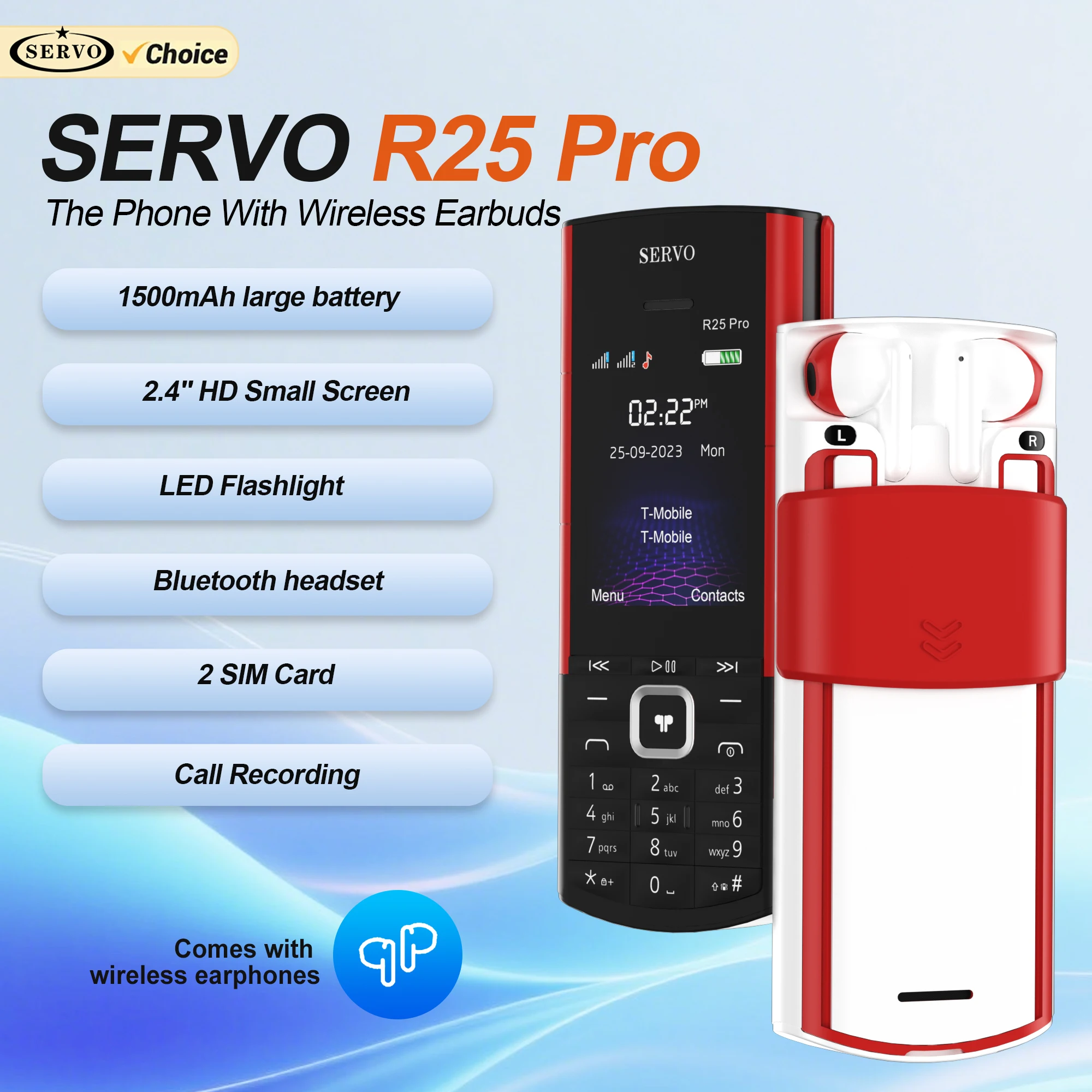 SERVO R25 PRO Mobile Phone Built-in Earphones 2 SIM Standby Speed Dial Call Recording Blacklist FM Radio 2G GSM Button Cellphone