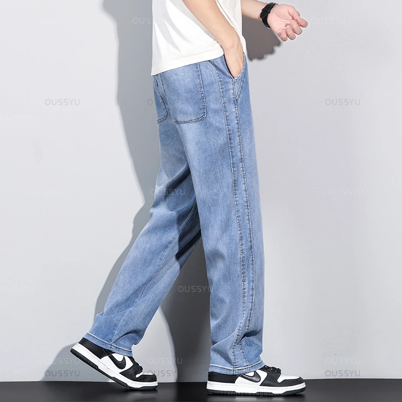 Jeans retrò da uomo in tessuto Lyocell sottile estivo di alta qualità Pantaloni in denim dritti Pantaloni casual in vita elastica Uomo Taglie forti 5XL