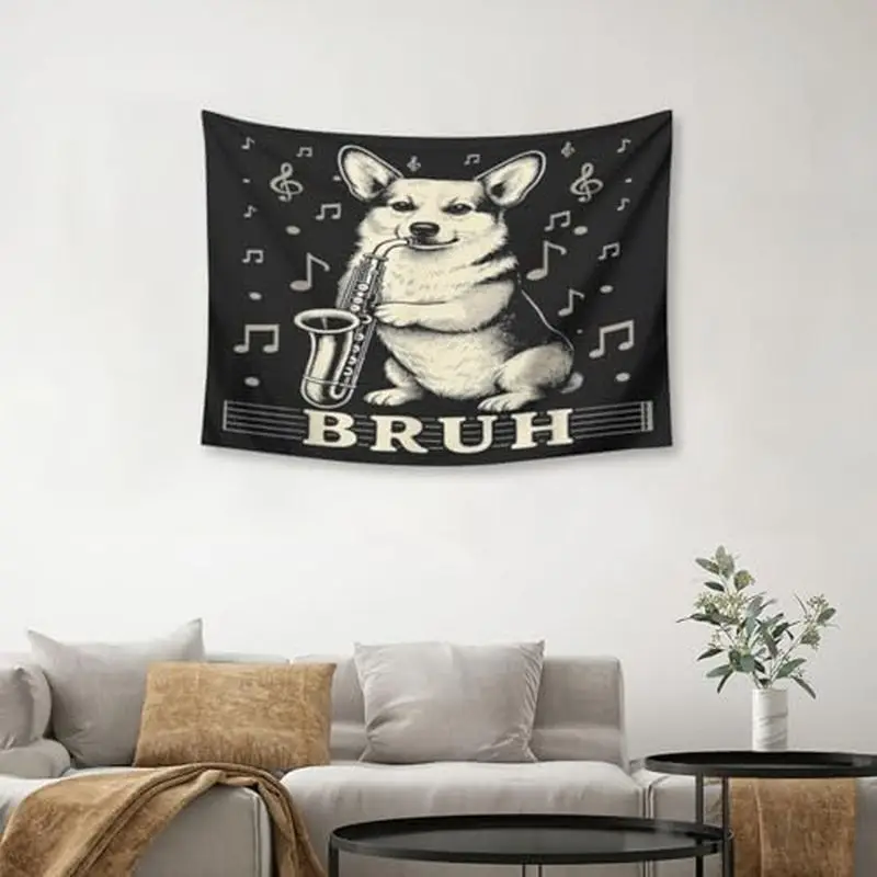 VIKAMA Funny Corgi Playing Saxophone Tapestry, Fashion Personality Wall Hanging, Bedroom Dormitory Aesthetic Home Decor