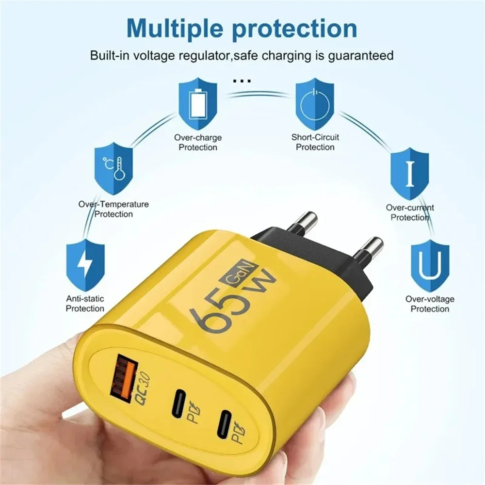 PD GaN 65W USB Type C Fast Charge Phone Charger For Samsung Huawei Xiaomi iPhone Oneplus Multi Ports Quick Charging Wall Adapter