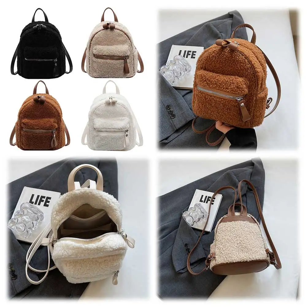 Women Plush Backpack with Multi-Pockets Toddler Backpack Fuzzy Mini Shoulder Bag Mini Schoolbag Mini Travel Bag