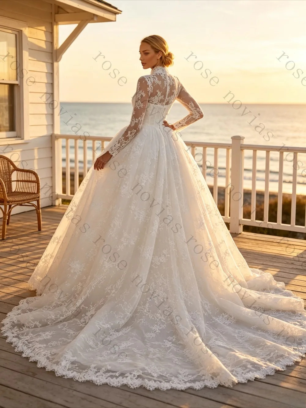 Customized White Lace Wedding Dress with High Neck and Full Sleeves Elegant Tulle Bridal Gown with Cathedral Train for Ceremony