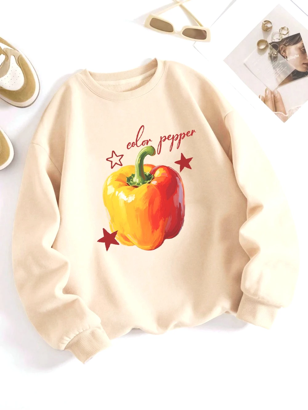 신선한 컬러 페퍼 프린팅 탑 여성 루즈 오버사이즈 옷 O넥 편안한 스웨트셔츠 가을 겨울 이너웨어