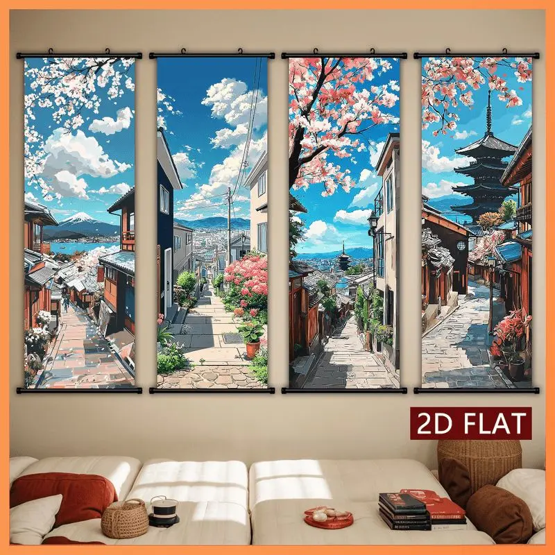 VIKAMA Sakura Lane Mount Fuji Wall Tapestry Five-story Tower Azure Sky Cityscape Japanese Scroll Art Home Decor Artistic Gift