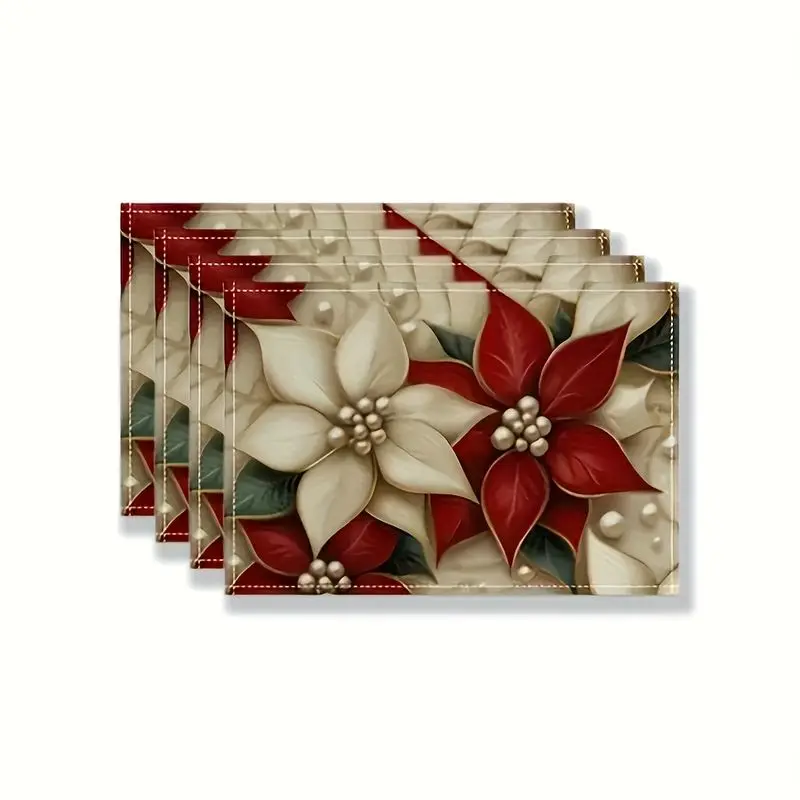 VIKAMA Christmas Poinsettia Print Placemats Heat Resistant Dining Table Mats Holiday Table Decoration Home Decor