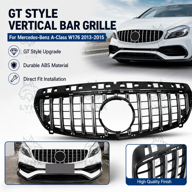 For Mercedes-Benz A-Class W176 2013-2015 GT Style Vertical Bar Grille Silver Front Bumper Intake Grille Car Styling