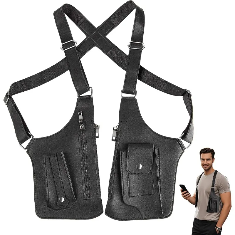 

Men’s Bag Tactical Chest/Underarm/Back Pack High Quality PU Leather & Oxford Cloth, Vintage Vest Bag with Phone Pouch