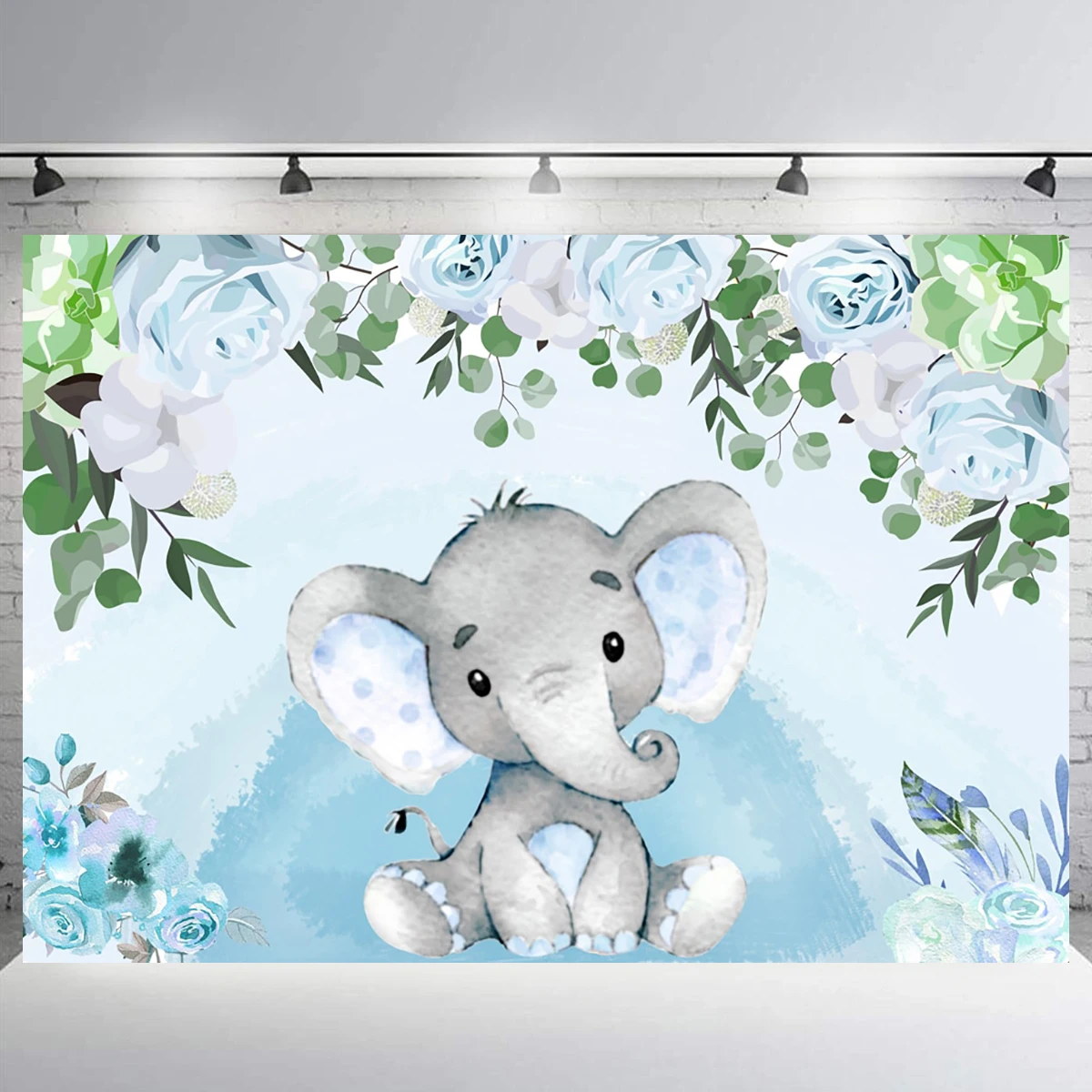 Cute Elephant Prince Baby Shower Party Backdrop Decorations Glitter Blue  Boy Birthday Photo Background Banner