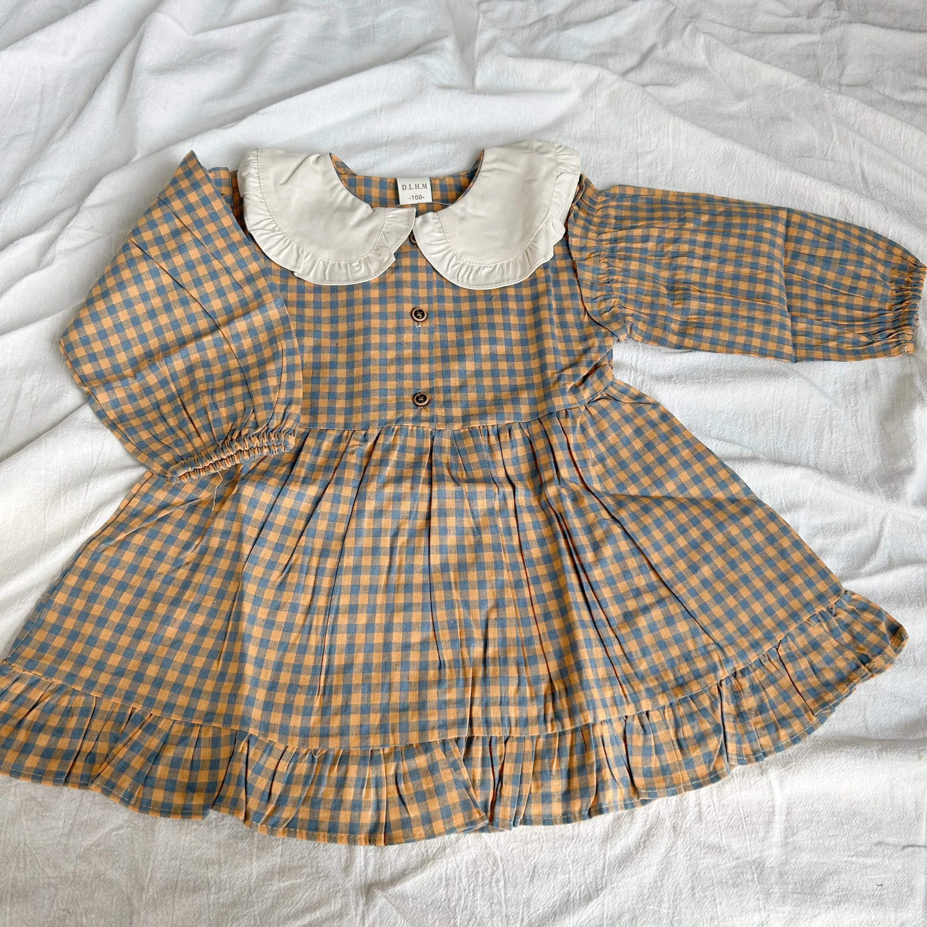 New Spring Girls Clothing Cute Children Dresses Kids Baby Girl Plaid Cotton Linen Lapel Collar Dress Long Sleeve Skirt