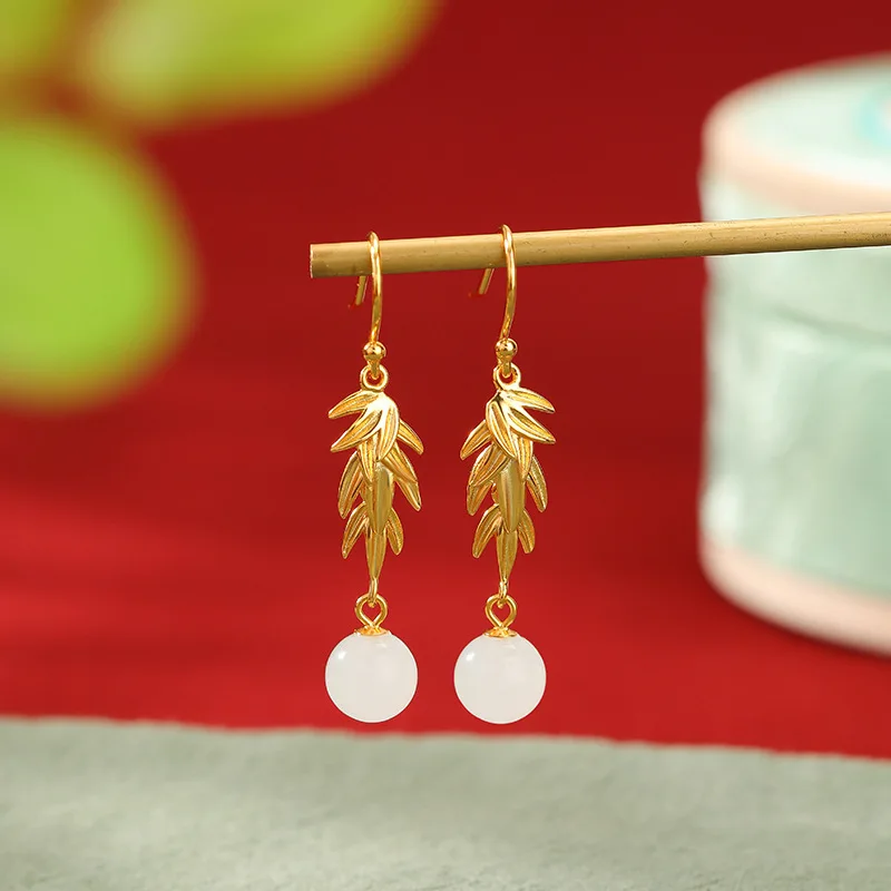 S925 Sterling Silver Gold-Plated Hetian White Jade New Style Retro Leaf Round Bead Earrings With-Sty
