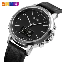 SKMEI Casual Leather Strap Waterproof Alarm Wristwatch LED Light Dual Time Display Stopwatch Digital Watches Mens reloj hombre