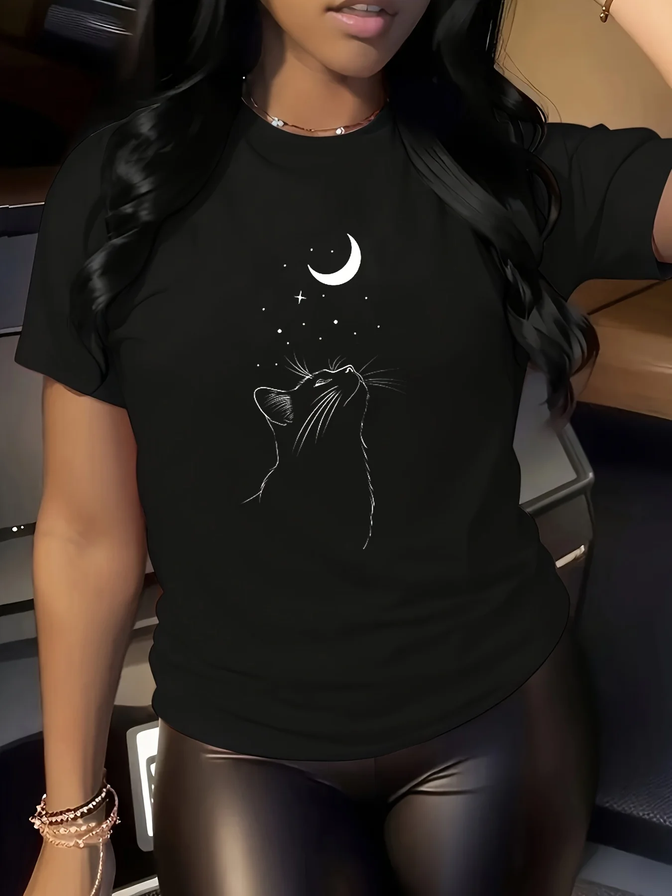 Printed T-Shirt Featuring a Cute Cartoon Cat Design Round Neck Short-Sleeve Women'S Top Fashion Harajuku Kawaii Y2K Clothing