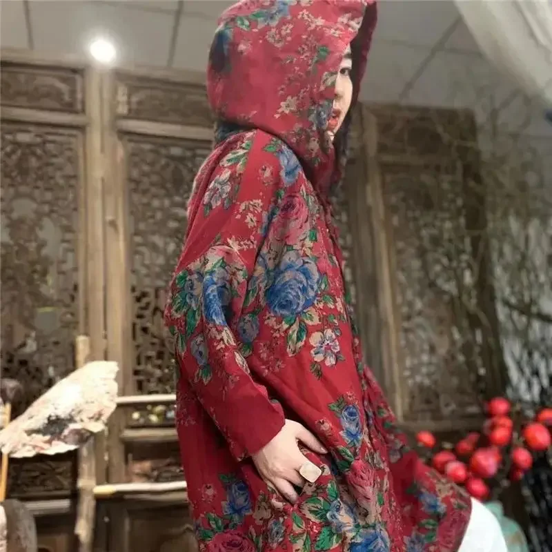 Vintage Floral Blouses Women Spring New Casual Long Sleeve Loose Cotton Linen Tops Stylish Red Hooded Shirt Literary